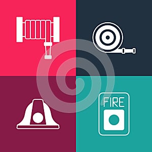 Set pop art Fire alarm system, Firefighter helmet, hose reel and icon. Vector
