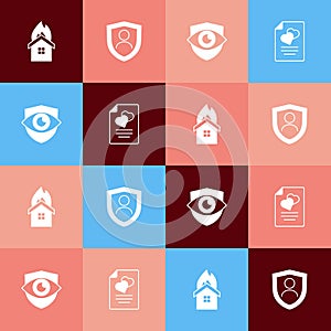 Set pop art Fire in burning house, Life insurance with shield, Shield and eye and Marriage contract icon. Vector