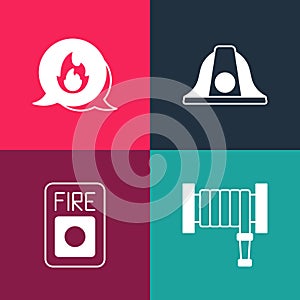 Set pop art Fire hose reel, alarm system, Firefighter helmet and Emergency call icon. Vector