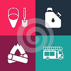 Set pop art Fire truck, Campfire, Canister fuel and shovel and bucket icon. Vector
