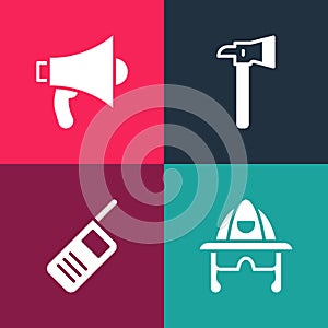 Set pop art Firefighter helmet, Walkie talkie, axe and Megaphone icon. Vector