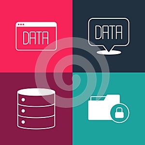 Set pop art Folder and lock, Server, Data analysis and icon. Vector