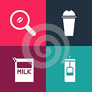 Set pop art French press, Paper package for milk, Milkshake and Selection coffee beans icon. Vector