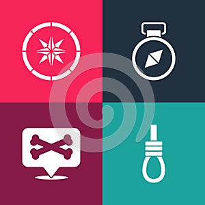 Set pop art Gallows rope loop hanging, Location pirate, Compass and icon. Vector