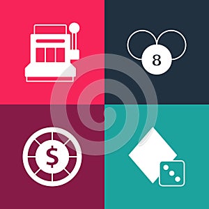 Set pop art Game dice, Casino chips, Lottery ball on bingo card and Slot machine icon. Vector