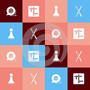 Set pop art Game dice, Crossword, Chess pawn and Crossed billiard cues icon. Vector