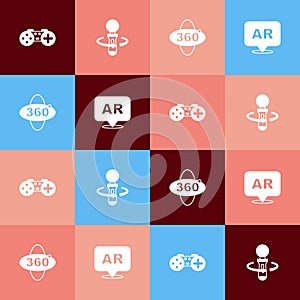 Set pop art Gamepad, VR controller game, 360 degree view and Augmented reality AR icon. Vector