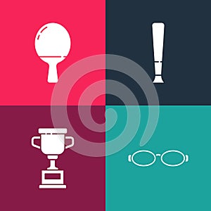 Set pop art Glasses for swimming, Award cup, Baseball bat and Racket playing table tennis icon. Vector