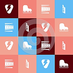 Set pop art Guitar pick, Grand piano, Xylophone and Keytar icon. Vector