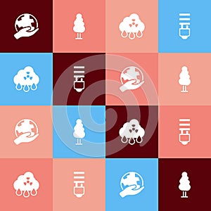 Set pop art Hand holding Earth globe, Tree, Acid rain radioactive cloud and LED light bulb icon. Vector