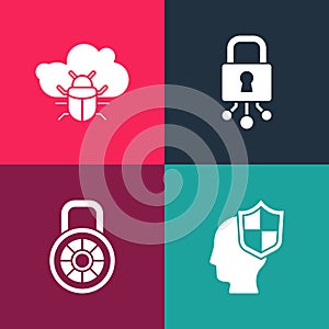 Set pop art Head with shield, Safe combination lock, Cyber security and System bug cloud icon. Vector