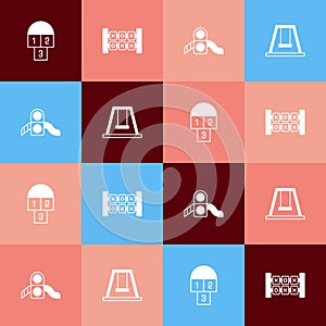 Set pop art Hopscotch, Education logic game, Slide playground and Swing for kids icon. Vector