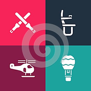 Set pop art Hot air balloon, Helicopter, Airplane seat and Marshalling wands icon. Vector