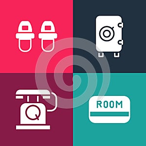 Set pop art Hotel key card, Telephone handset, Safe and slippers icon. Vector
