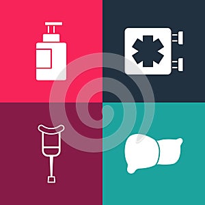 Set pop art Human organ liver, Crutch crutches, Medical symbol of the Emergency and Hand sanitizer bottle icon. Vector photo