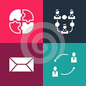 Set pop art Human resources, Envelope, Project team base and Piece of puzzle icon. Vector