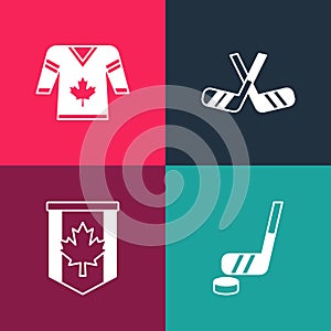 Set pop art Ice hockey stick and puck, Pennant flag of Canada, sticks and Hockey jersey icon. Vector