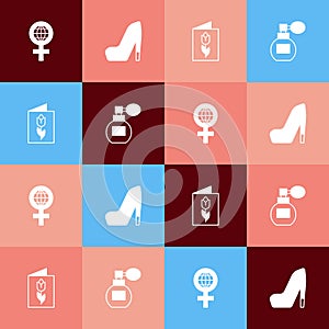 Set pop art International Women Day, Woman shoe, Greeting card with 8 March and Perfume icon. Vector