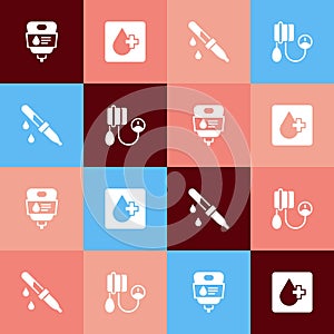 Set pop art IV bag, Blood test, Pipette and pressure icon. Vector