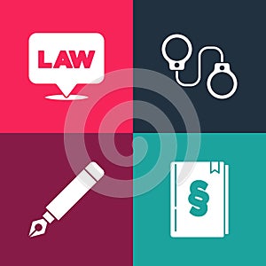 Set pop art Law book, Fountain pen nib, Handcuffs and Location law icon. Vector