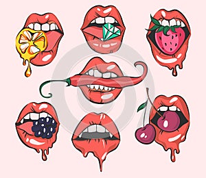 Set of pop art lips, close up view, cartoon girls mouths, vector illustrations