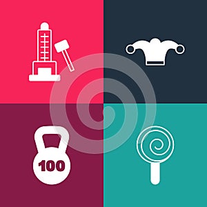 Set pop art Lollipop, Weight, Jester hat with bells and Striker attraction hammer icon. Vector