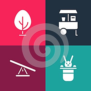 Set pop art Magician hat and rabbit, Seesaw, Fast street food cart and Tree icon. Vector