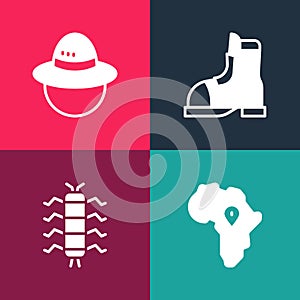 Set pop art Map of Africa, Centipede insect, Hunter boots and Camping hat icon. Vector