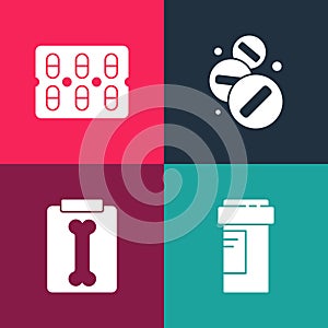 Set pop art Medicine bottle, X-ray shots, pill or tablet and Pills blister pack icon. Vector