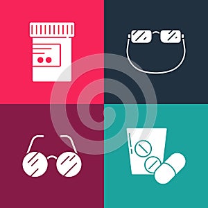 Set pop art Medicine pill or tablet, Eyeglasses, and bottle and pills icon. Vector