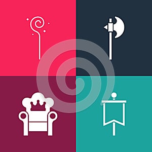 Set pop art Medieval flag, throne, axe and Magic staff icon. Vector