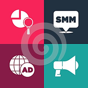 Set pop art Megaphone, Advertising, Social media marketing and Magnifying glass and analysis icon. Vector