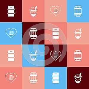 Set pop art Metal beer keg, Oktoberfest man, Heart with glass of and Wooden barrel icon. Vector