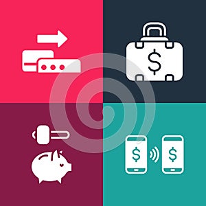 Set pop art Money payment transfer, Piggy bank and hammer, Briefcase money and Pos terminal icon. Vector