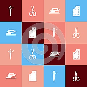 Set pop art Needle for sewing with thread, Scissors, Electric iron and Sewing pattern icon. Vector