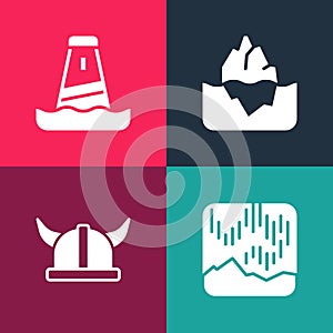 Set pop art Northern lights, Viking in horned helmet, Iceberg and Lighthouse icon. Vector