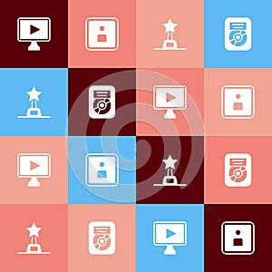 Set pop art Online play video, Play Video, Movie trophy and CD disk award frame icon. Vector