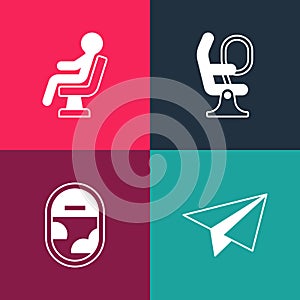 Set pop art Paper airplane, Airplane window, seat and Human waiting airport terminal icon. Vector