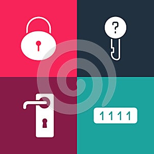 Set pop art Password protection, Door handle, Undefined key and Lock icon. Vector
