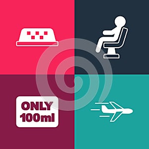 Set pop art Plane, Liquids in carry-on baggage, Human waiting airport terminal and Taxi roof icon. Vector