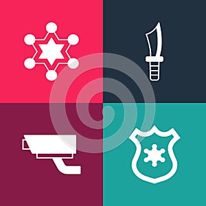 Set pop art Police badge, Security camera, Military knife and Hexagram sheriff icon. Vector