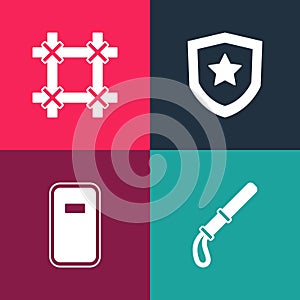 Set pop art Police rubber baton, assault shield, badge and Prison window icon. Vector