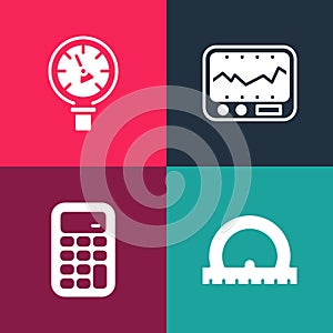 Set pop art Protractor, Calculator, Measuring instrument and Pressure water meter icon. Vector