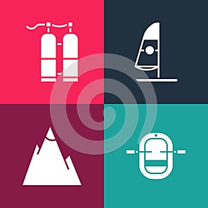 Set pop art Rafting boat, Mountains, Windsurfing and Aqualung icon. Vector