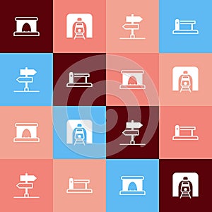 Set pop art Railway tunnel, Train in railway, Road traffic sign and barrier icon. Vector