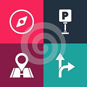 Set pop art Road traffic sign, Location, Parking and Compass icon. Vector