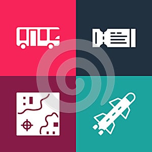 Set pop art Rocket, World travel map, Airline ticket and Airport bus icon. Vector