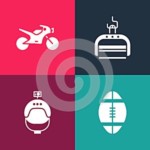 Set pop art Rugby ball, Helmet and action camera, Ski lift and Motorcycle icon. Vector