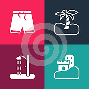 Set pop art Sand castle, Beach shower, Tropical palm tree and Swimming trunks icon. Vector