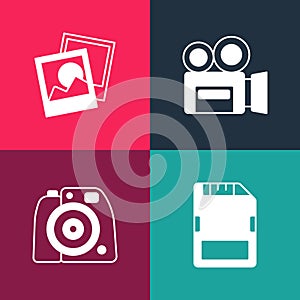 Set pop art SD card, Photo camera, Retro cinema and frame icon. Vector